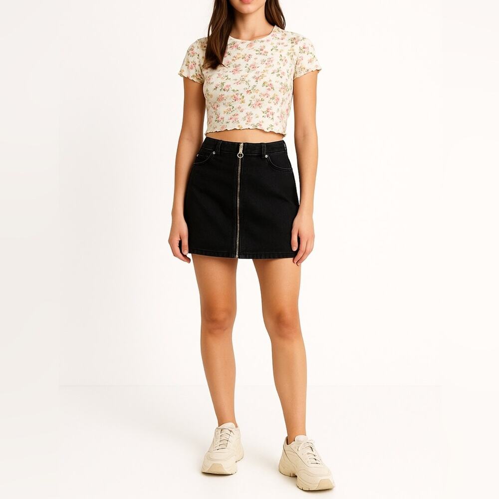 TOPSHOP Zip Front Denim Mini Skirt | US 8 | Black | Y2K Grunge Classic